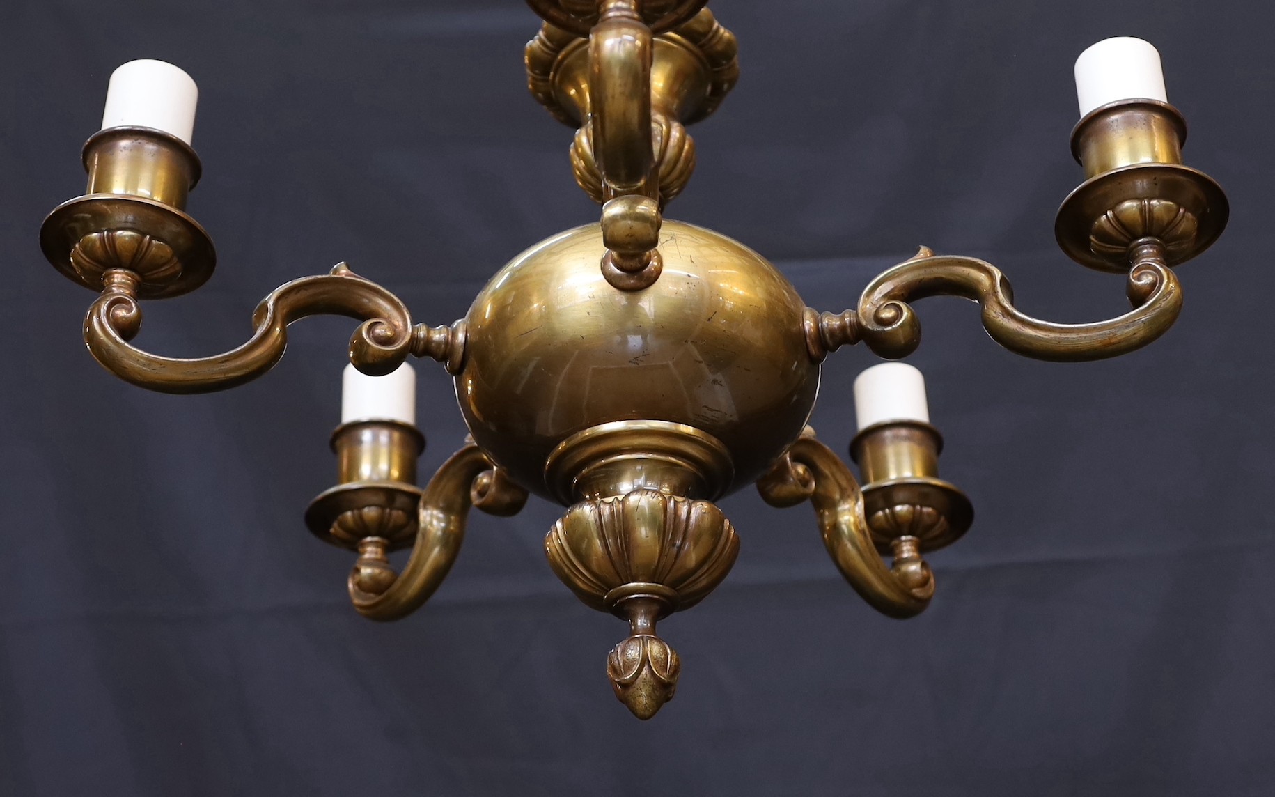 A 1930's English bronzed five light chandelier, height 48cm. width 50cm.